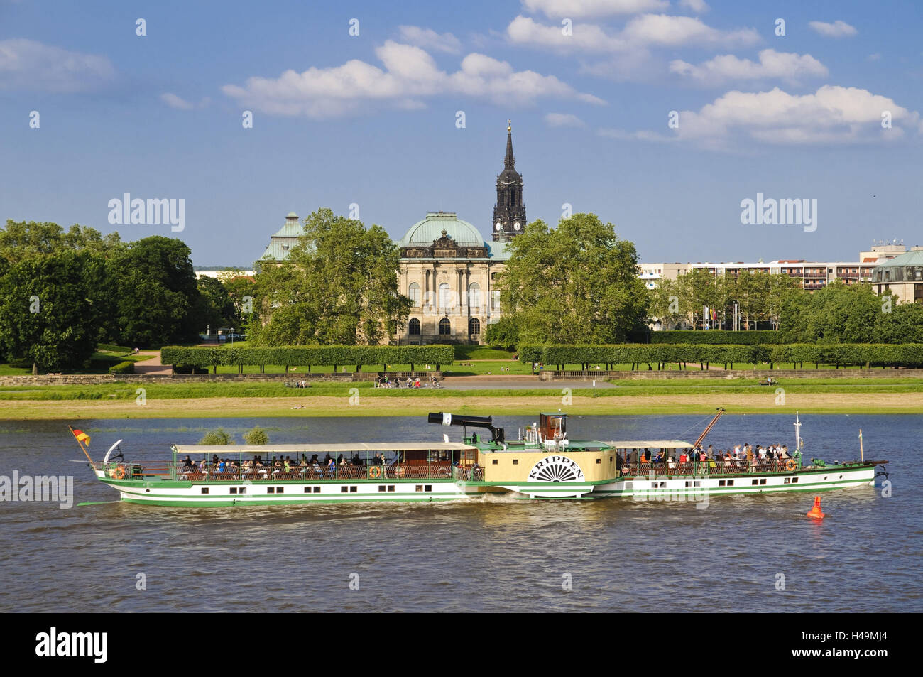 View over the Elbe with pleasure boat on Neustadt, Japanese Palais and Dreikönigskirche, Dresden, Saxony, Germany, Stock Photo