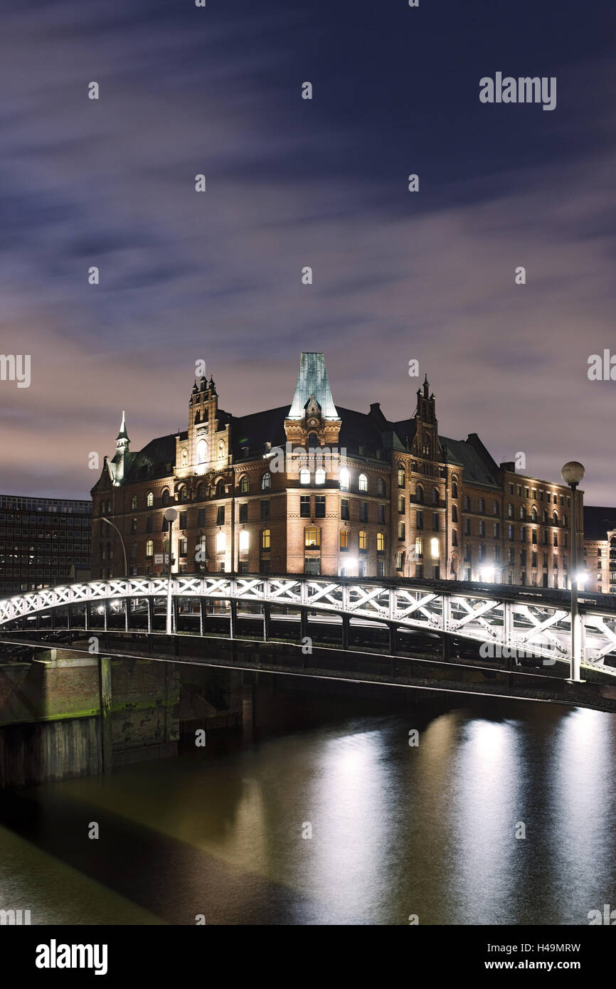 Spinster bridge, office building at night, memory town, Hamburg-Mitte, Hanseatic town Hamburg, Germany, Stock Photo