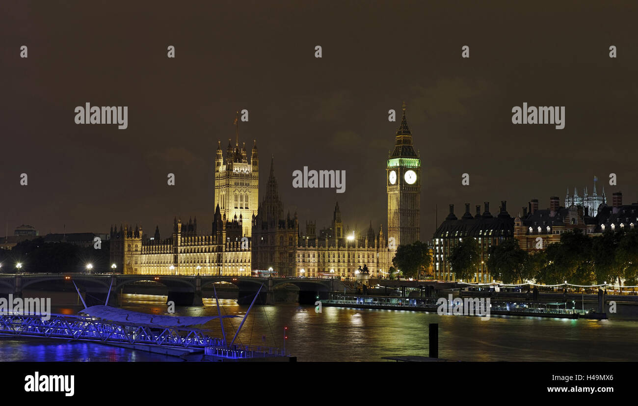 Westminster sound, Houses of Parliament, view over the Thames, at night, Big Ben, London, England, Great Britain, Stock Photo