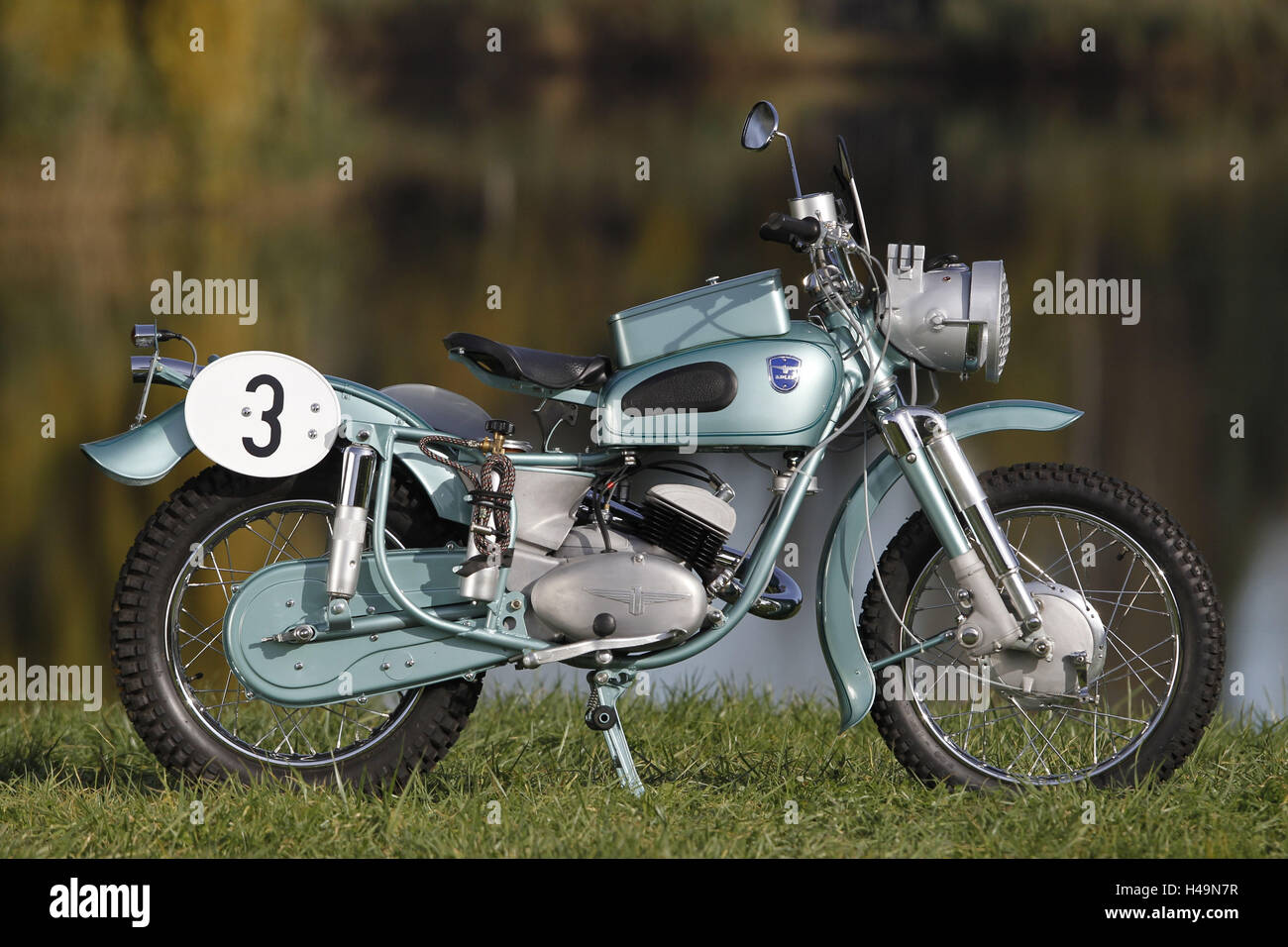 Motorcycle, Adler, vintage motorcycle, year of manufacture unknown, standing, right side, Stock Photo