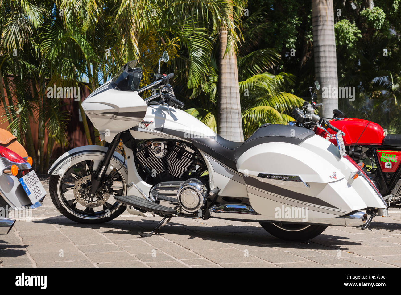 White Victory Freedom V twin motorcycle parked in Santa Cruz, tenerife, Canary Islands. Stock Photo