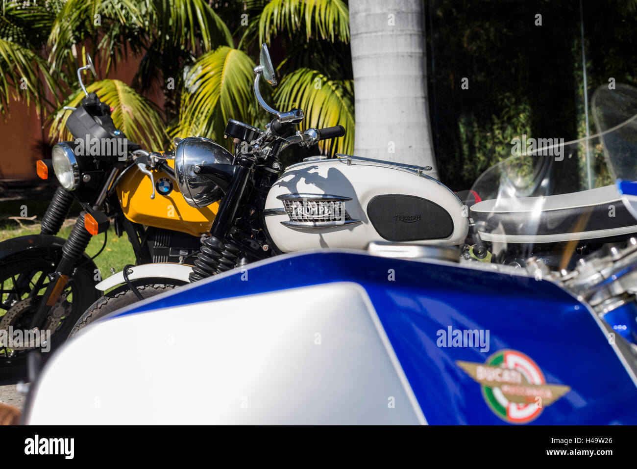 Three classic motorcycles, tank and badge details, bmw, Triumph, Ducati Stock Photo