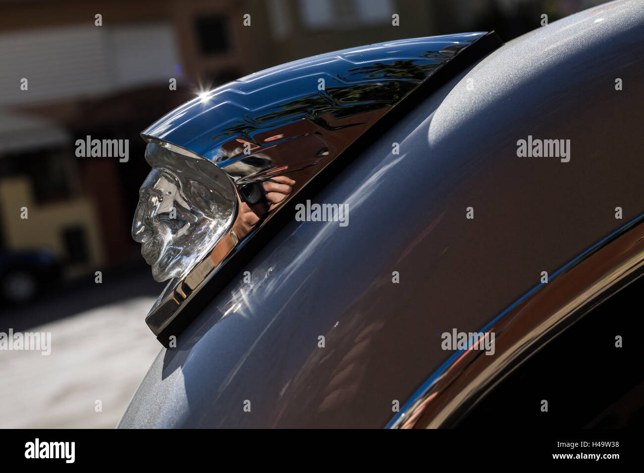 Translucent indian head badge on the front mudguard of an indian motorcycle Stock Photo