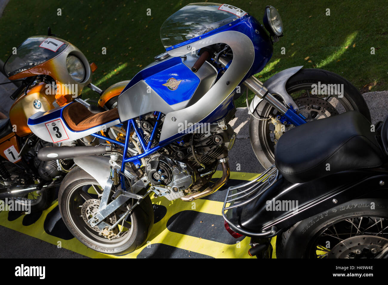 Ducati desmo and bmw at the Mencey Hotel in Santa Cruz de Tenerife for the start of the Queens Cavalcade event, during which 91 motorcycles will spend 4 days completing various routes throughout the Canary Islands. Stock Photo