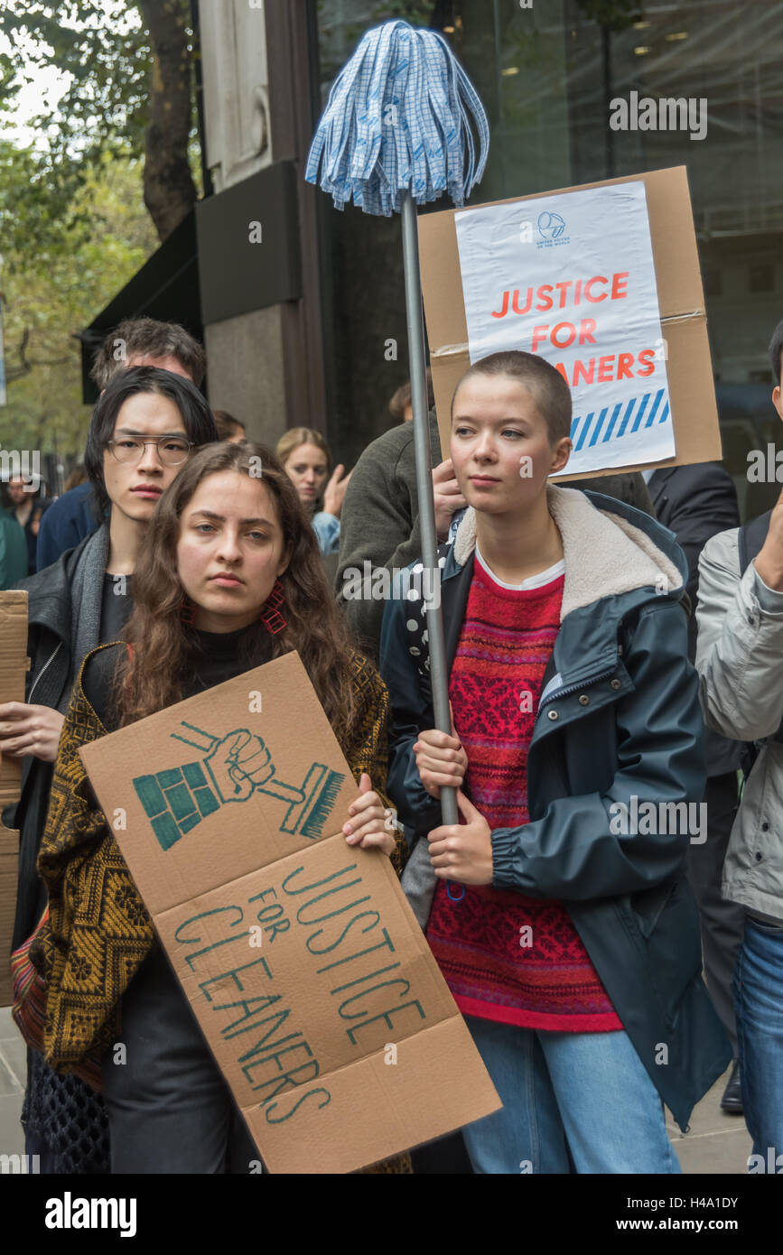 London, UK. 14th October 2016. Students at the protest demanding the reinstatement of sacked Ecuadorian cleaner Alba, a 62-year old who is one of the longest serving members of the cleaning team at the London School of Economics  outside the LSE Kingsway building where cleaning contractors Noonan have their office. The United Voices of the World union say Alba has been unfairly sacked in breach of employment law and the protest demanded he re-instatement. They accuse the   LSE management of failing to require Noonan act fairly towards staff. Credit:  Peter Marshall/Alamy Live News Stock Photo