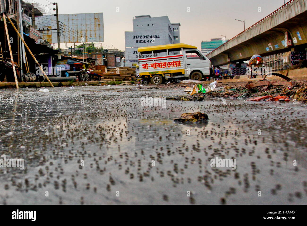 Dhaka, Bangladesh. 13th Oct, 2016. Without decent sewerage system. Dhaka is a metropolitan city without decent sewerage system, sewerage system is so poor that it always over flows and flooded the streets. This filthy water is safe house for mosquitoes and debases. © AR Sumon/ZUMA Wire/ZUMAPRESS.com/Alamy Live News Stock Photo