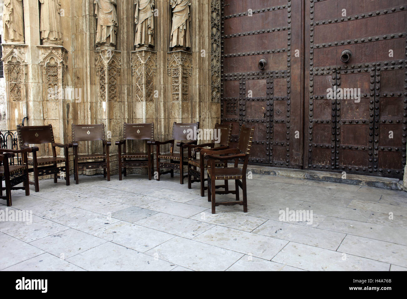 Spain, Valencia, cathedral, inside, no people, church, chairs, wooden chairs, door, closed, Stock Photo