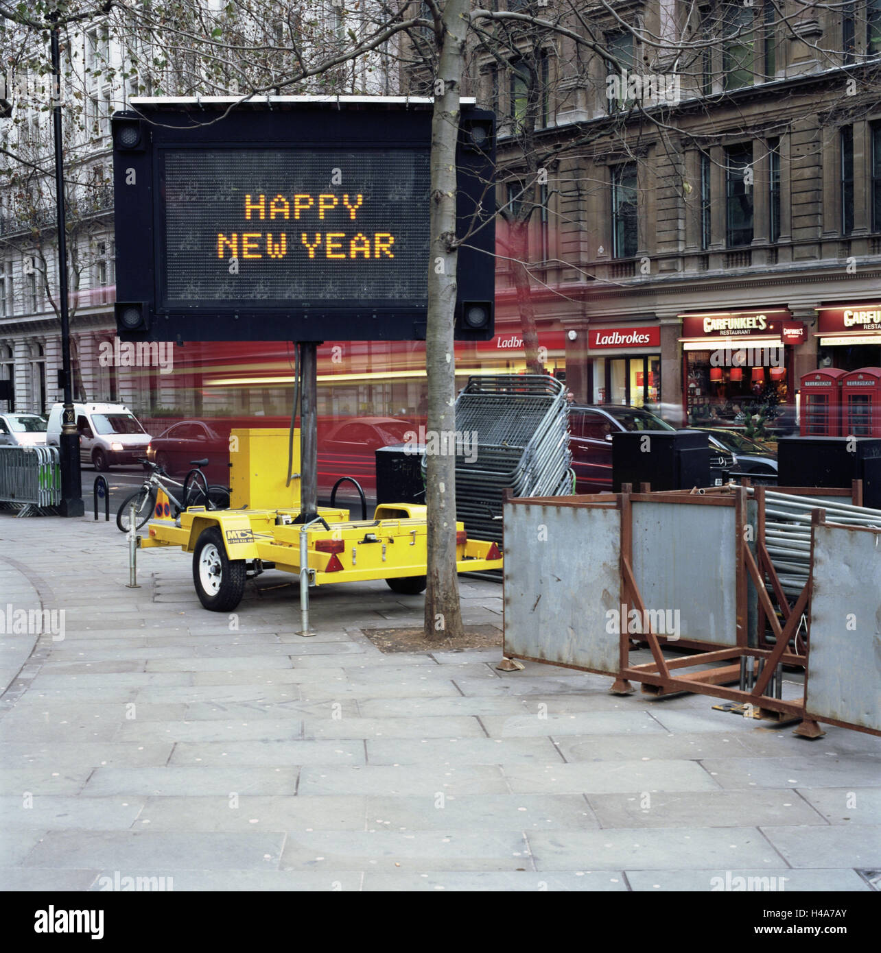 Great Britain, London, New Year, Trafalgar Square, indicating notice board, happy New Year, Stock Photo