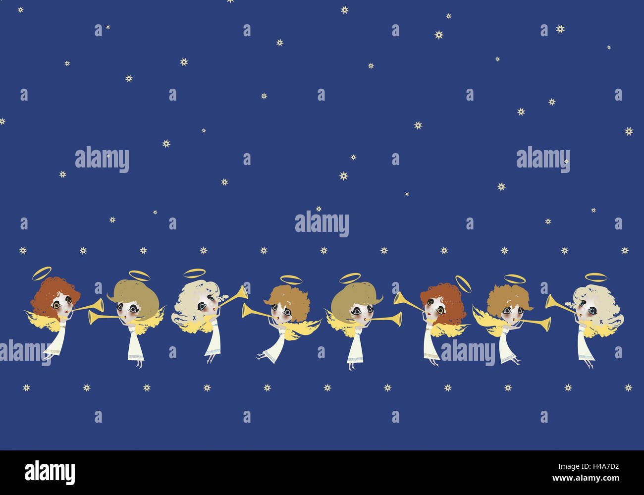 Illustration, sky, angel, eight, trumpets, graphics, stars, celestial body, figures, little angels, for Christmas, heavenly, side by side, differently, halo, wing, fly, play music, musician, make music, trombones, group, orchestras, together, together, wh Stock Photo