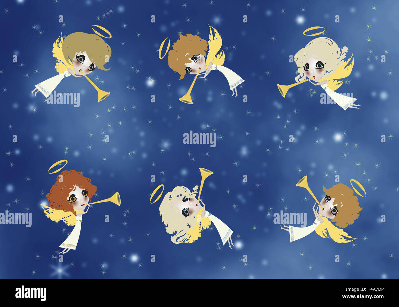 Illustration, sky, angel, six, trumpets, graphics, stars, celestial body, figures, little angels, for Christmas, heavenly, differently, halo, wing, fly, play music, musician, make music, trombones, group, orchestras, together, together, whole body, Stock Photo