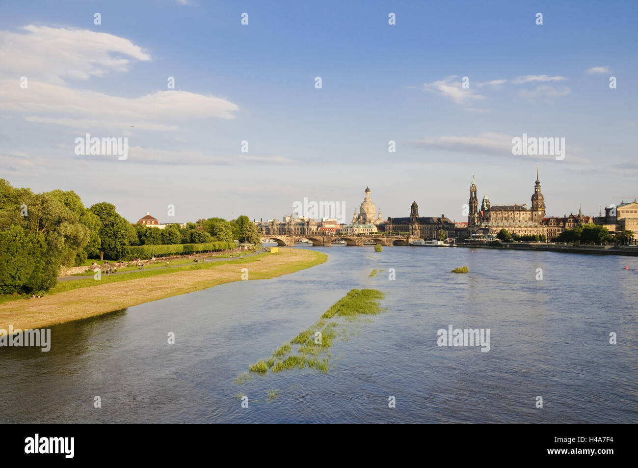 View over the Elbe on baroque Old Town, historical scenery, Dresden, Saxon, Germany, Stock Photo