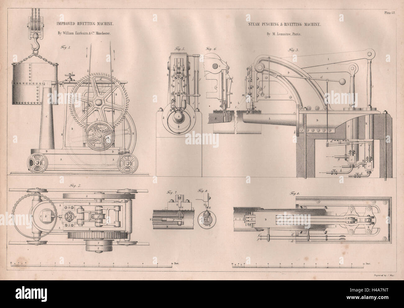19C ENGINEERING DRAWING. Steam punching & rivetting machines. Lemaitre 1847 Stock Photo