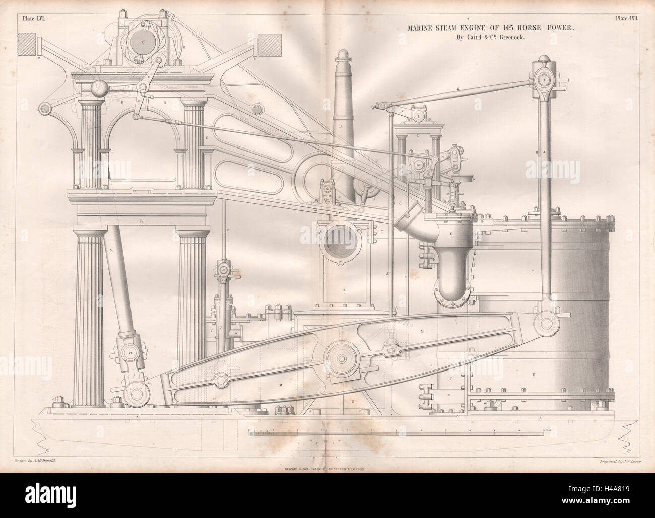 19C ENGINEERING DRAWING. 145 HP marine steam engine. Caird & Co ...