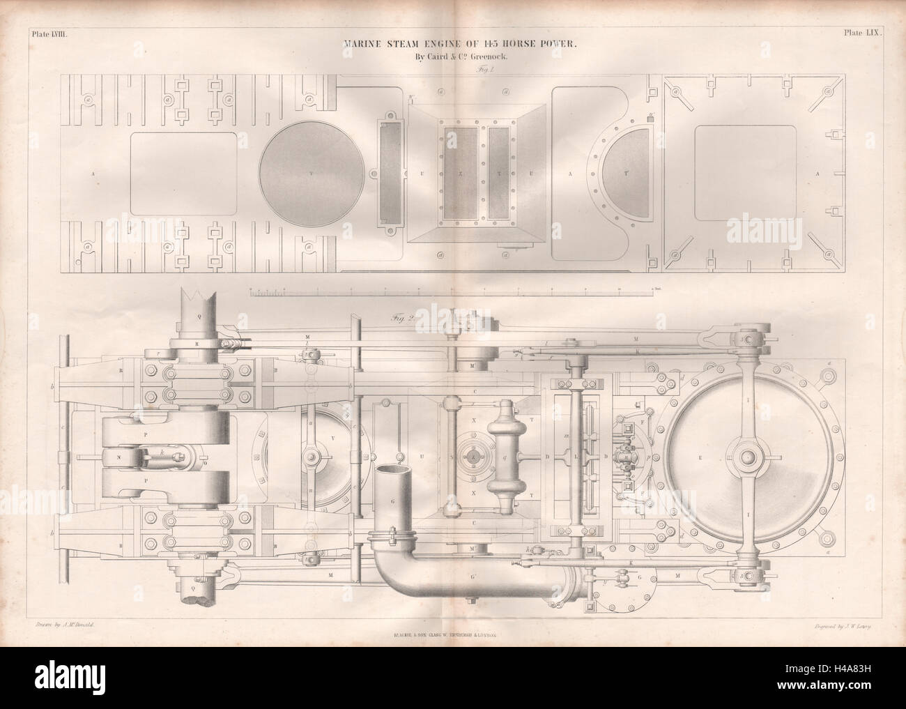 19C ENGINEERING DRAWING. 145 HP marine steam engine. Caird & Co ...