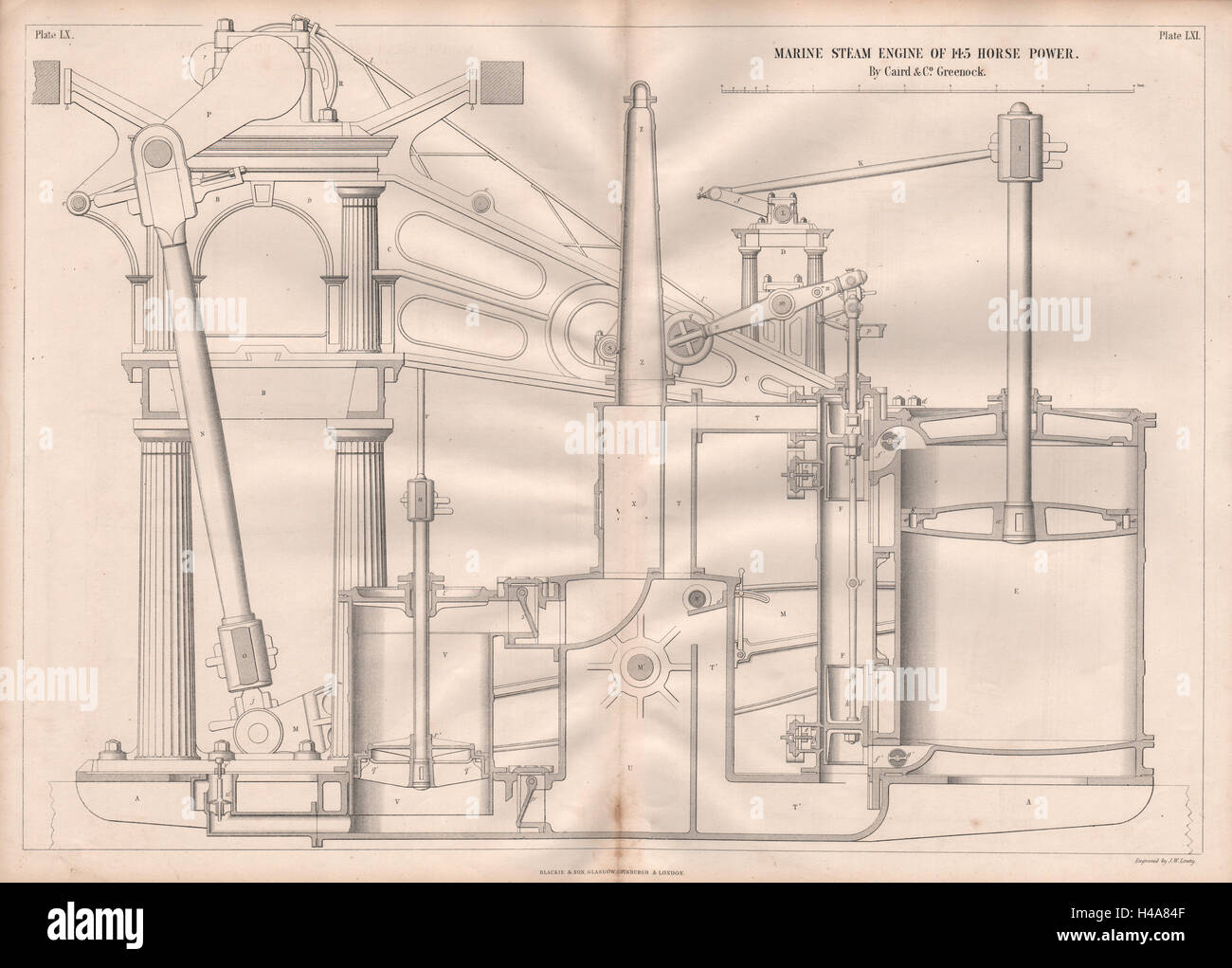 19C ENGINEERING DRAWING. 145 HP marine steam engine. Caird & Co ...