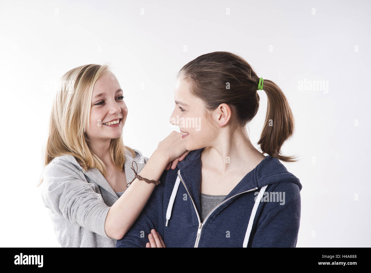 Teenagers, girls, eye contact, smile, portrait, studio, person, young