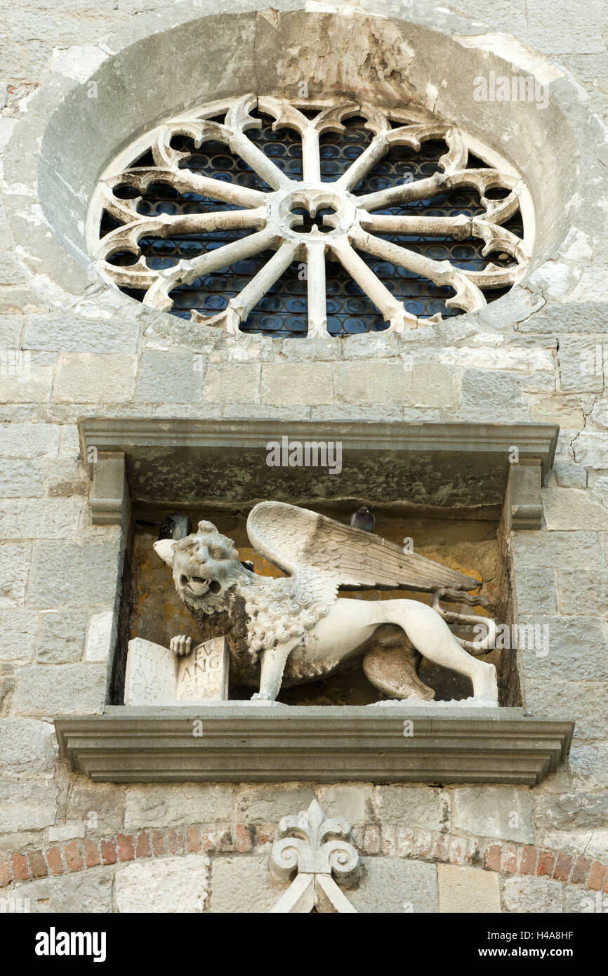 Croatia, Istria, Labin, parish church Nativity Mary with Venetian lion about the portal, icon the recognition the Venetian rule in Labin, Stock Photo