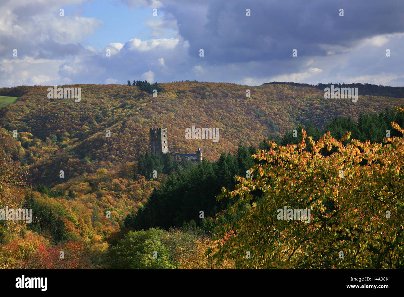 The sour castle with Sauerthal in the autumnally coloured nature reserve Rhine Taunus, Stock Photo