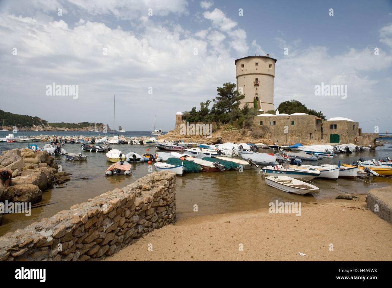 Italy, Tuscany, 'Isola del Giglio', Campese, harbour, boots, lighthouse, Stock Photo