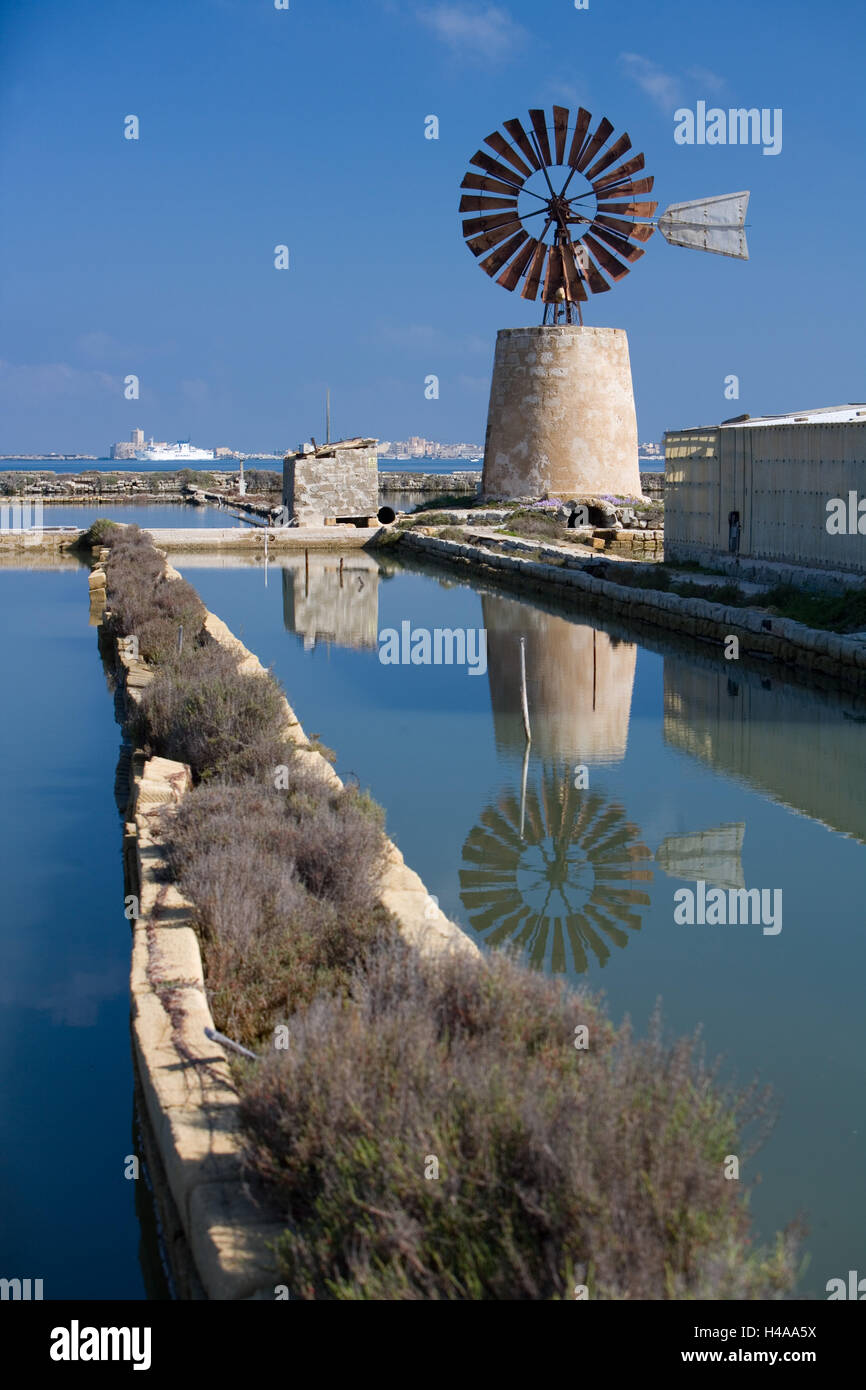 Italy, Sicily, saltworks, windmill, salt production, Stock Photo