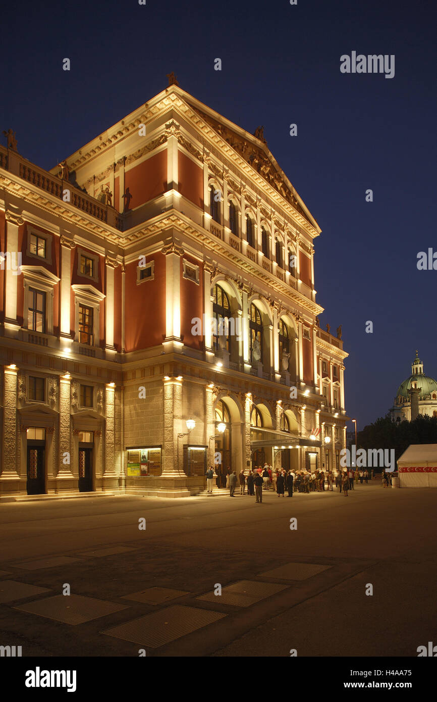 Austria, Vienna, concert hall, music club, evening, outside, building, architecture, structure, historically, music, culture, event, visitor, person, blur, illuminateds, facade, lighting, historicism, New Year concerts, outside view, window, portal, input, place of interest, Europe, town, capital, Stock Photo