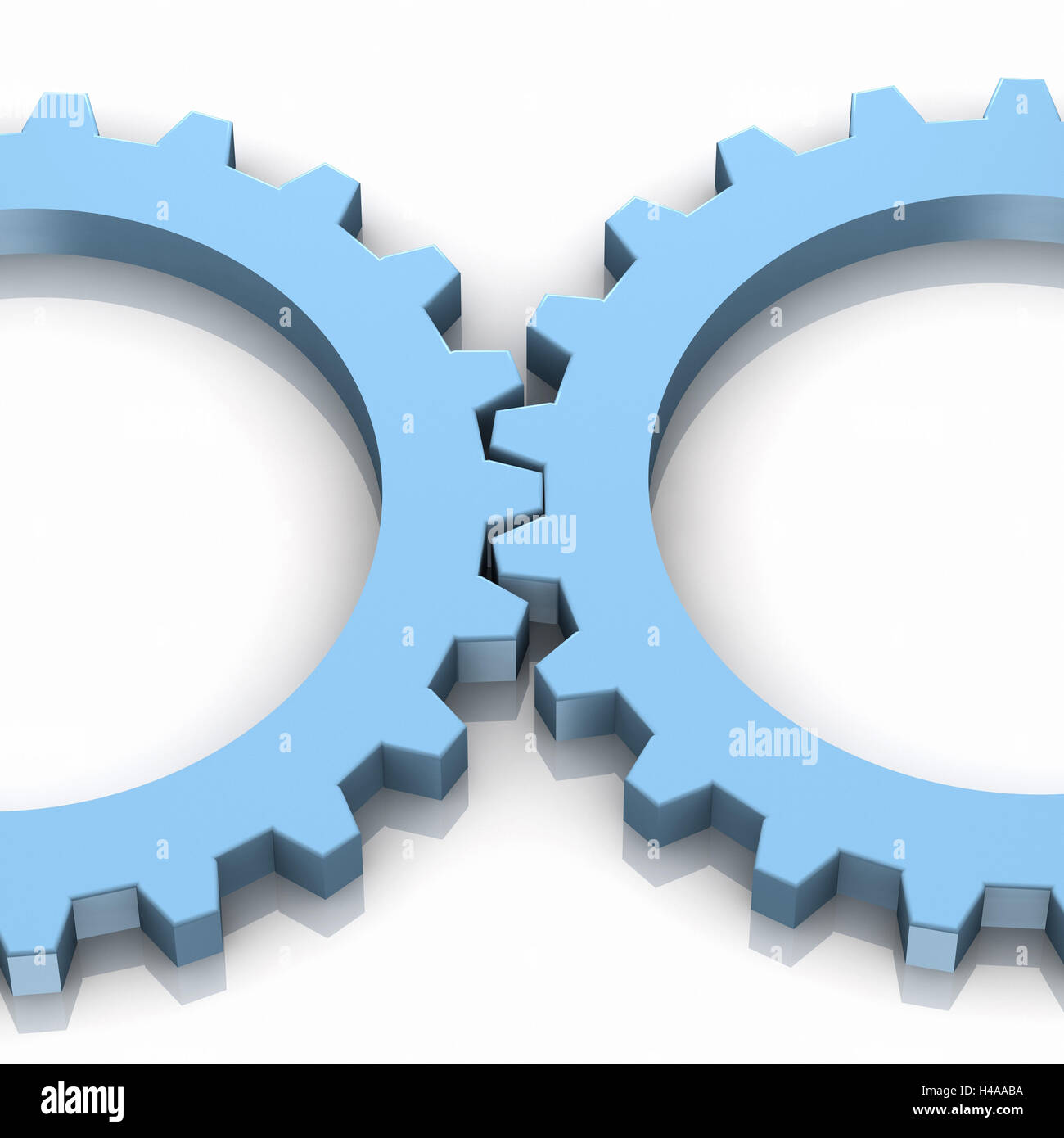 2 blue gear wheels in a row, background white, Stock Photo