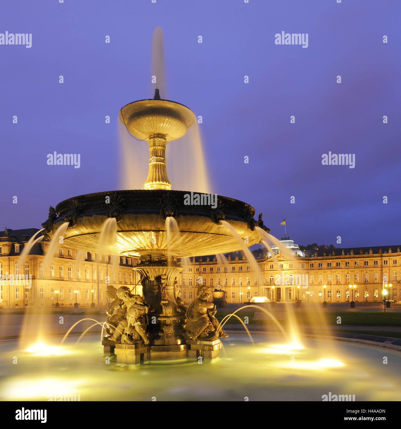 Germany, Baden-Wurttemberg, Stuttgart, new castle, fountain, dusk, lighting, architecture, well, culture, castle square, play water, place of interest, tourism, structure, Pureline, castle building, building, forecourt, destination, water jets, nobody, lo Stock Photo