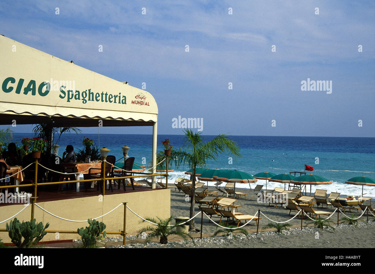 Italy, Sicily, Letojanni, beach, restaurant, terrace, sunshades, Stock Photo