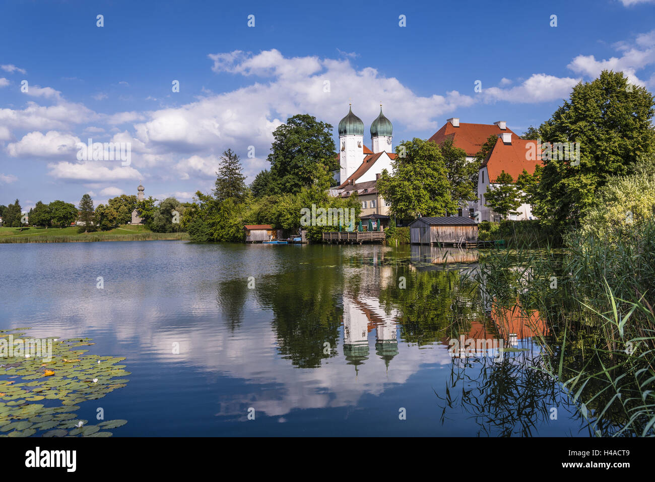 Germany, Bavaria, Upper Bavaria, Chiemgau, Seebruck, Seeon district, Cloistersee and Cloister Seeon, Stock Photo