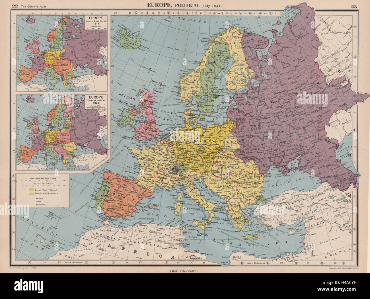 EUROPE in 1941 & 1914/38. Third Reich. Vichy France. Partitioned Poland 1944 map Stock Photo
