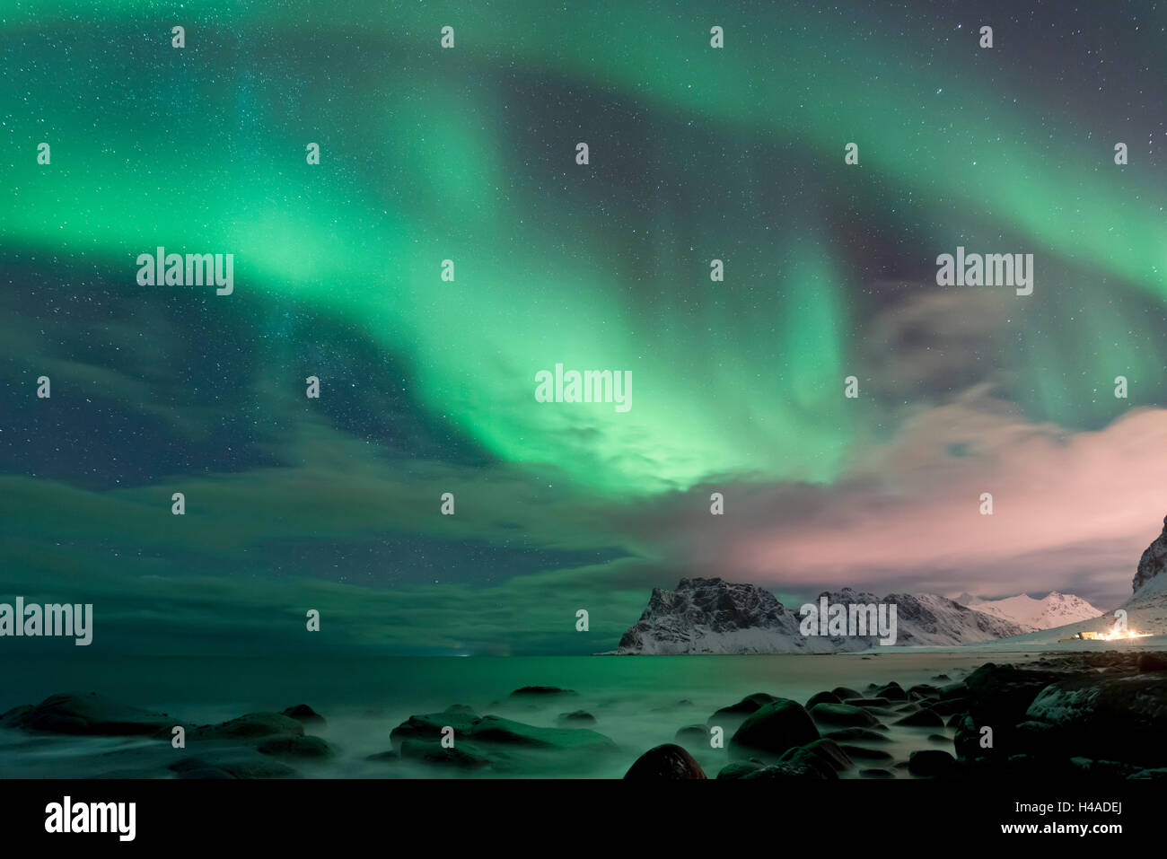 Norway, Lofoten, Utakleiv, coast, polar light, Aurora Borealis, Stock Photo