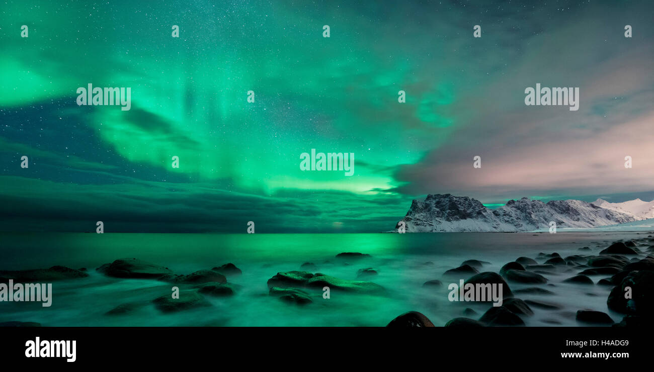 Norway, Lofoten, Utakleiv, coast, polar light, Aurora Borealis, Stock Photo