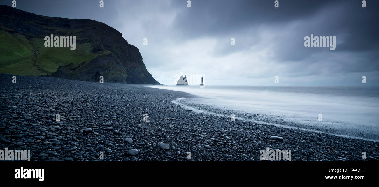 Iceland, Vik, Reynisdrangar, rock needles, sea, Atlantic Ocean, Stock Photo