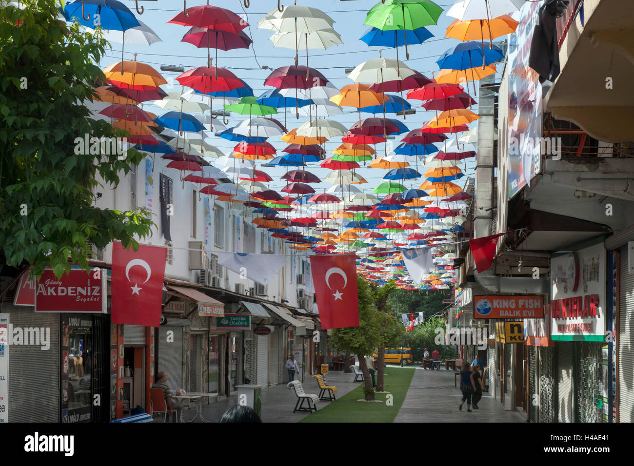 Turkey, Antalya town, Old Town, 2. Inönü Sokak, shopping street with sunshades roofed, Stock Photo
