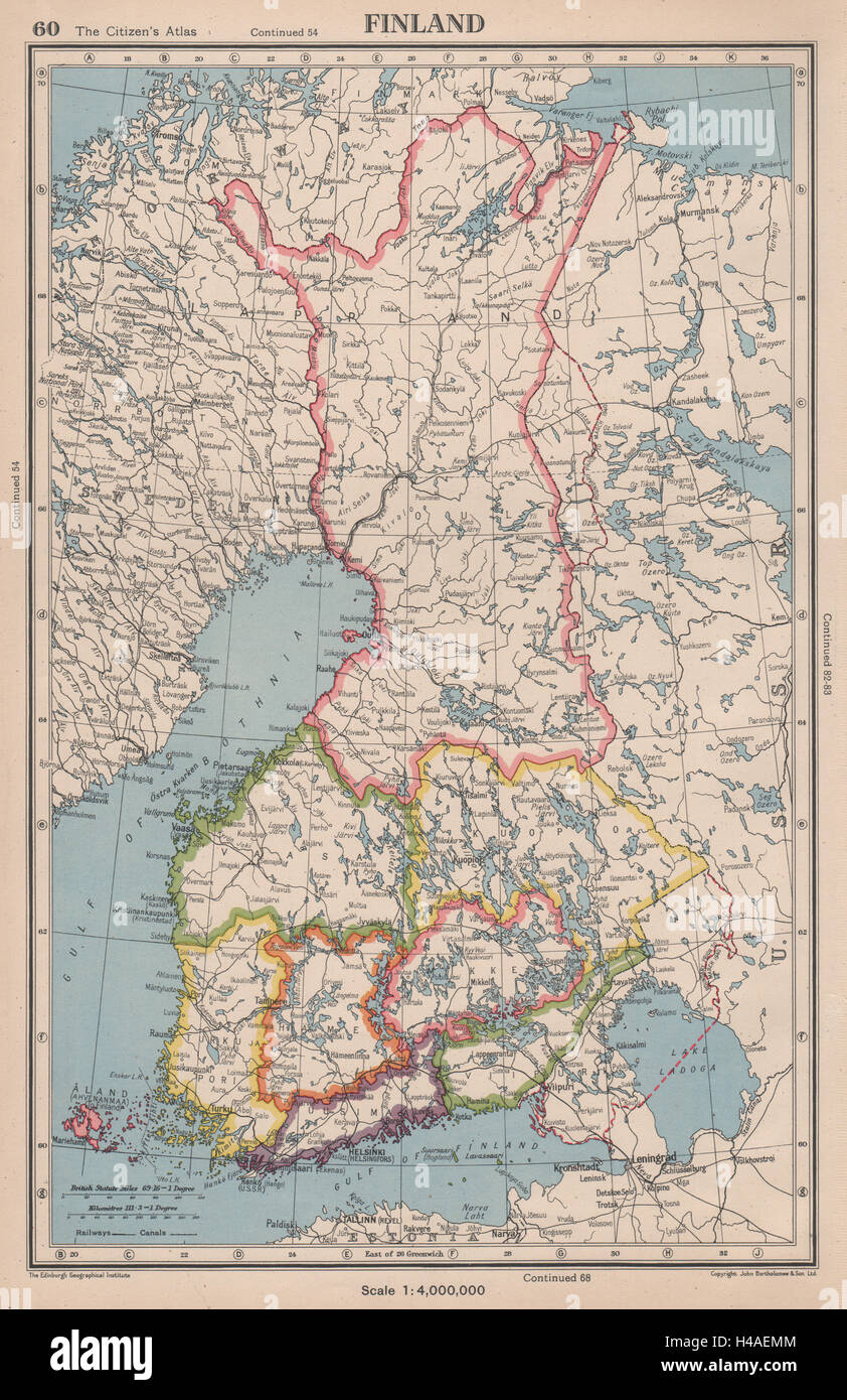 FINLAND showing provinces, and pre-1940 borders/changes 1944 old vintage map Stock Photo