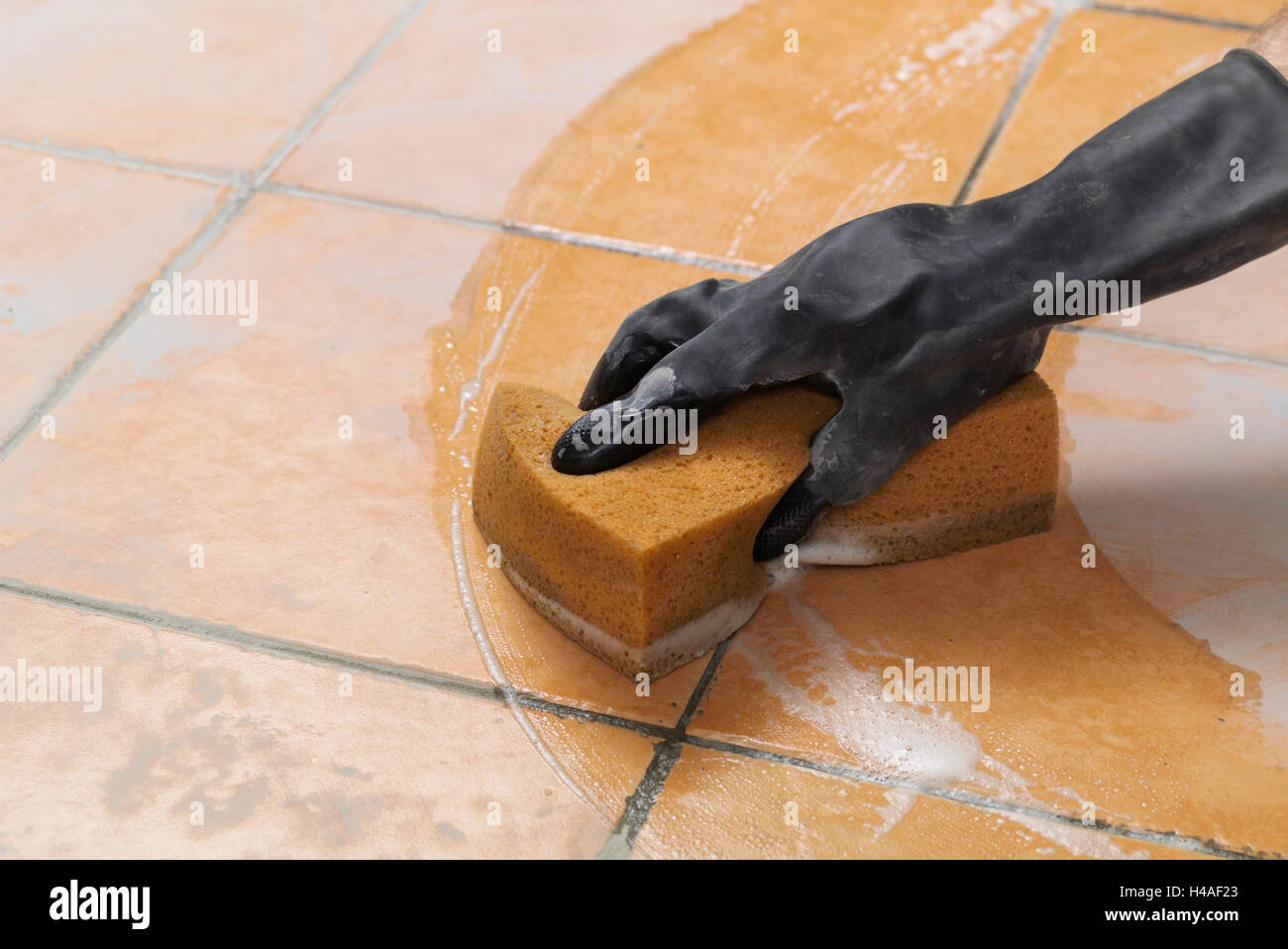 Building site, shell construction, tiles, lay, man, hand, sponge, clean Stock Photo