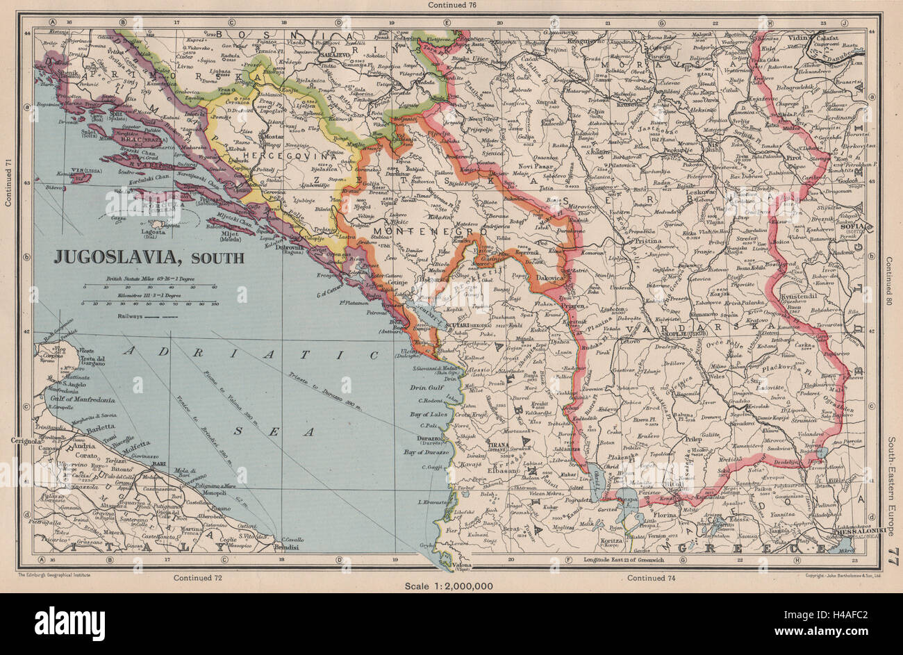YUGOSLAVIA SOUTH. Jugoslavia Montenegro Hercegovina Serbia. BARTHOLOMEW 1944 map Stock Photo