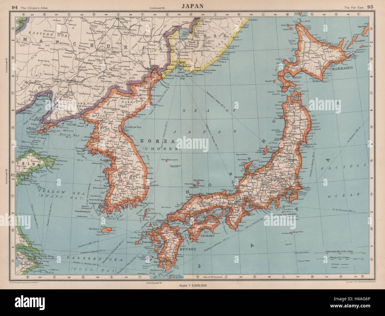 JAPAN & KOREA. Shows Japanese occupied Manchuria. BARTHOLOMEW 1944 old map Stock Photo