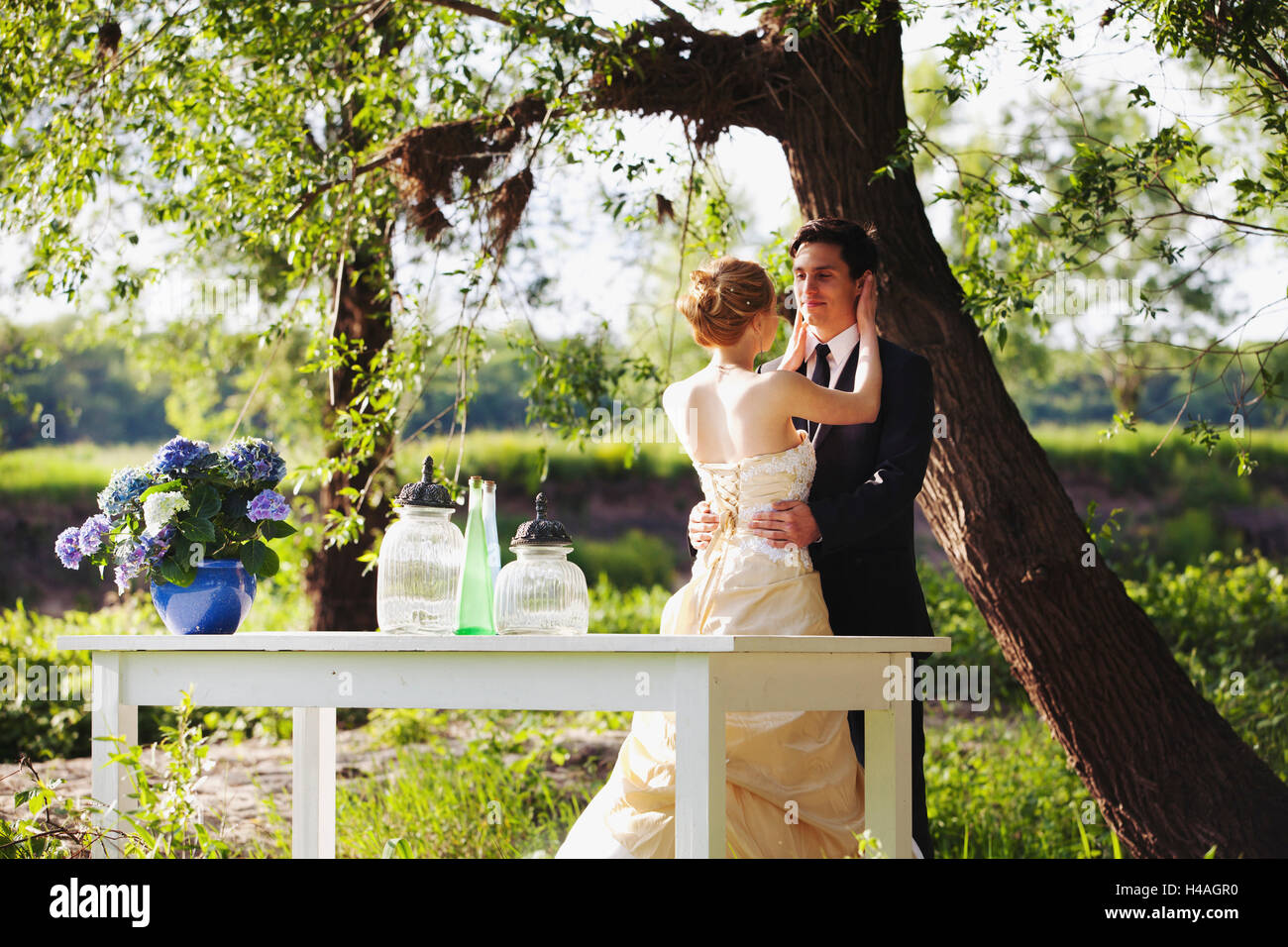 Bride and groom embracing in the nature Stock Photo - Alamy