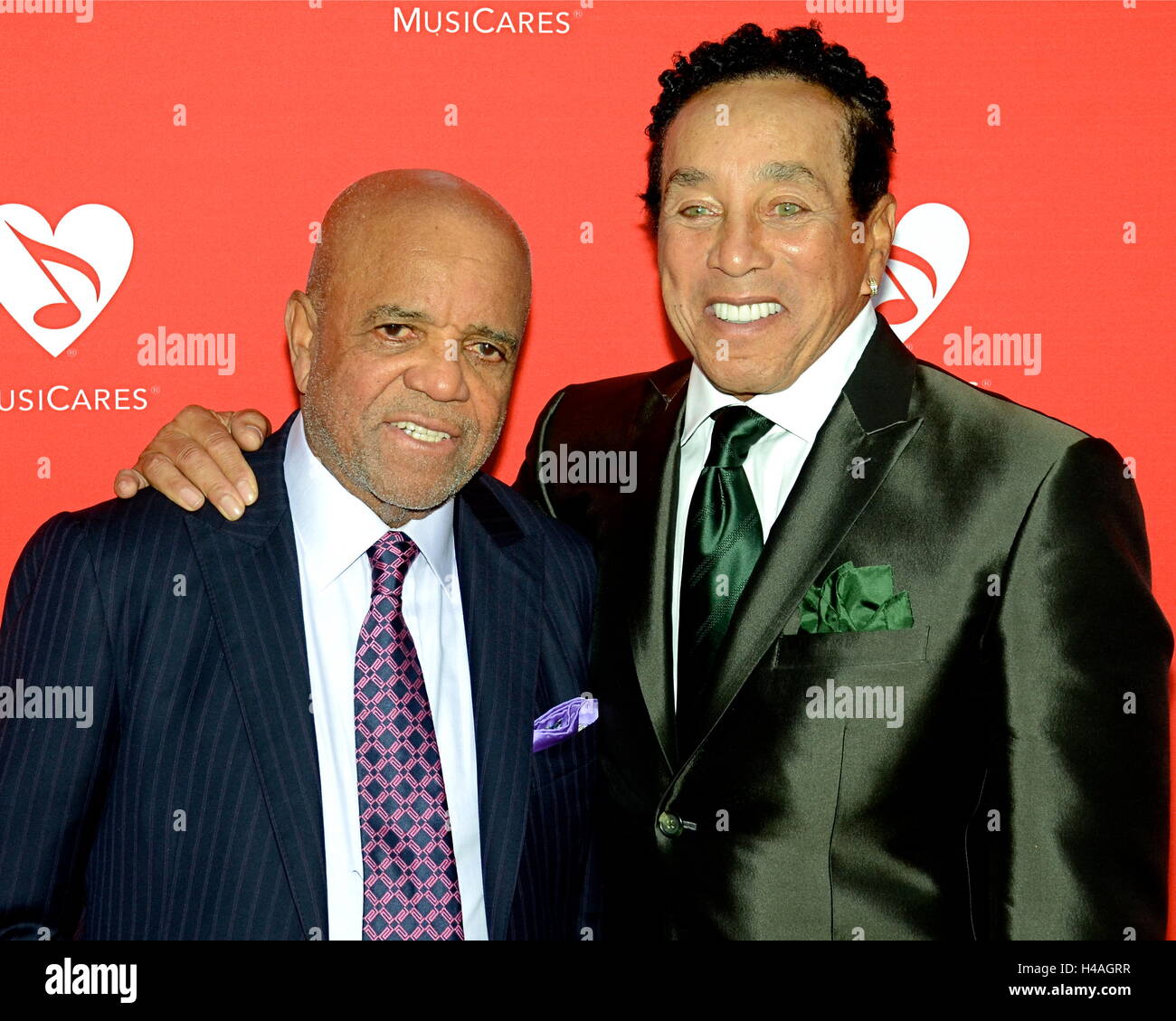 Smokey Robinson and Barry Gordy arrives for the 12th Annual MusiCares MAP Fund Tribute Concert at The Novo by Microsoft on May 19, 2016 in Los Angeles, California. Stock Photo