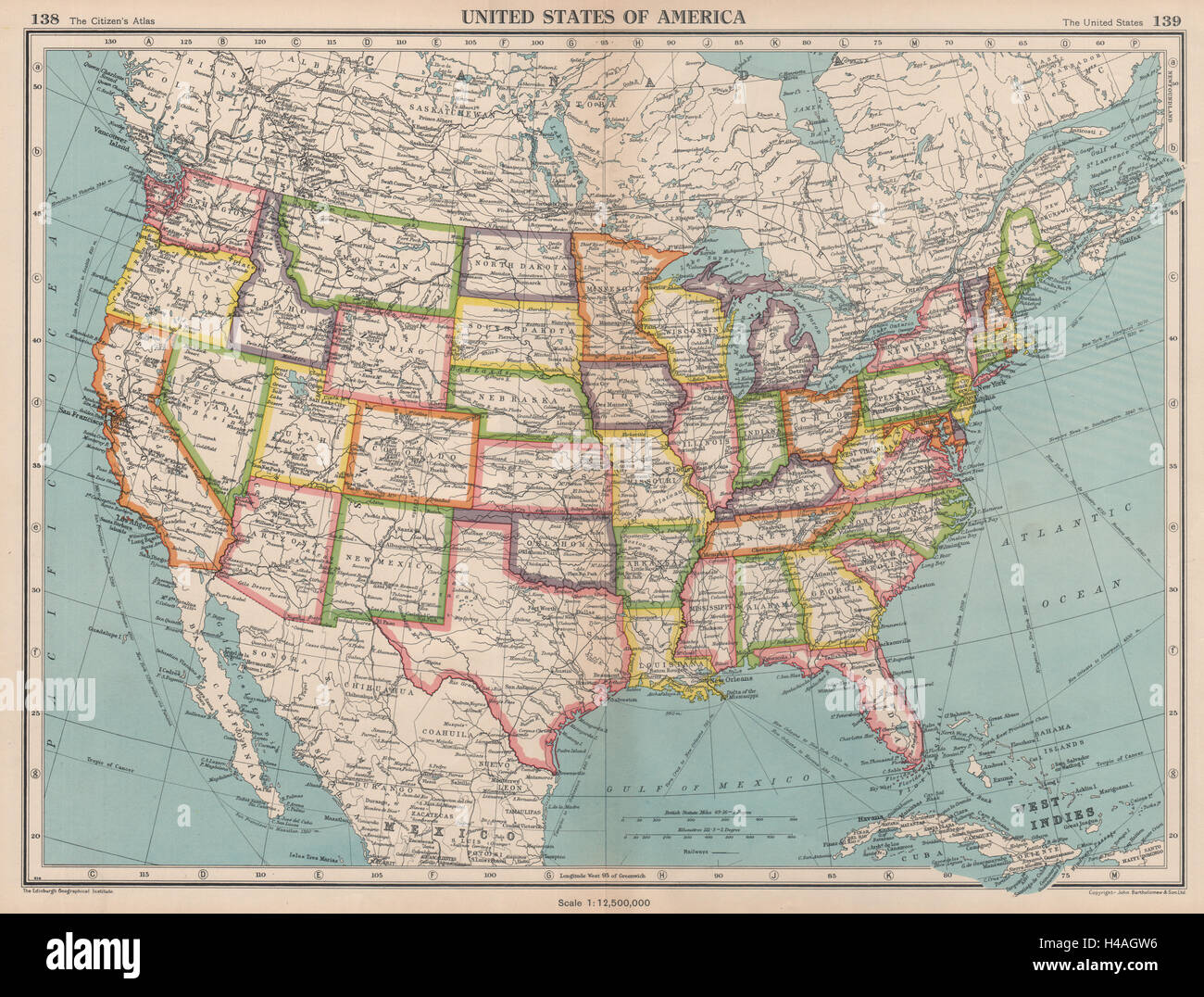 Usa United States Of America State Map Bartholomew 1944 Old