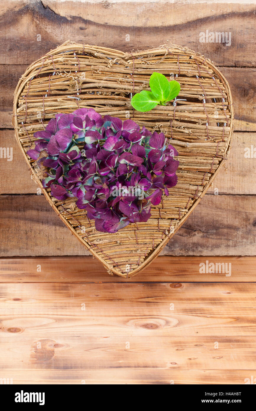 Braided heart made of natural material, hydrangea Stock Photo