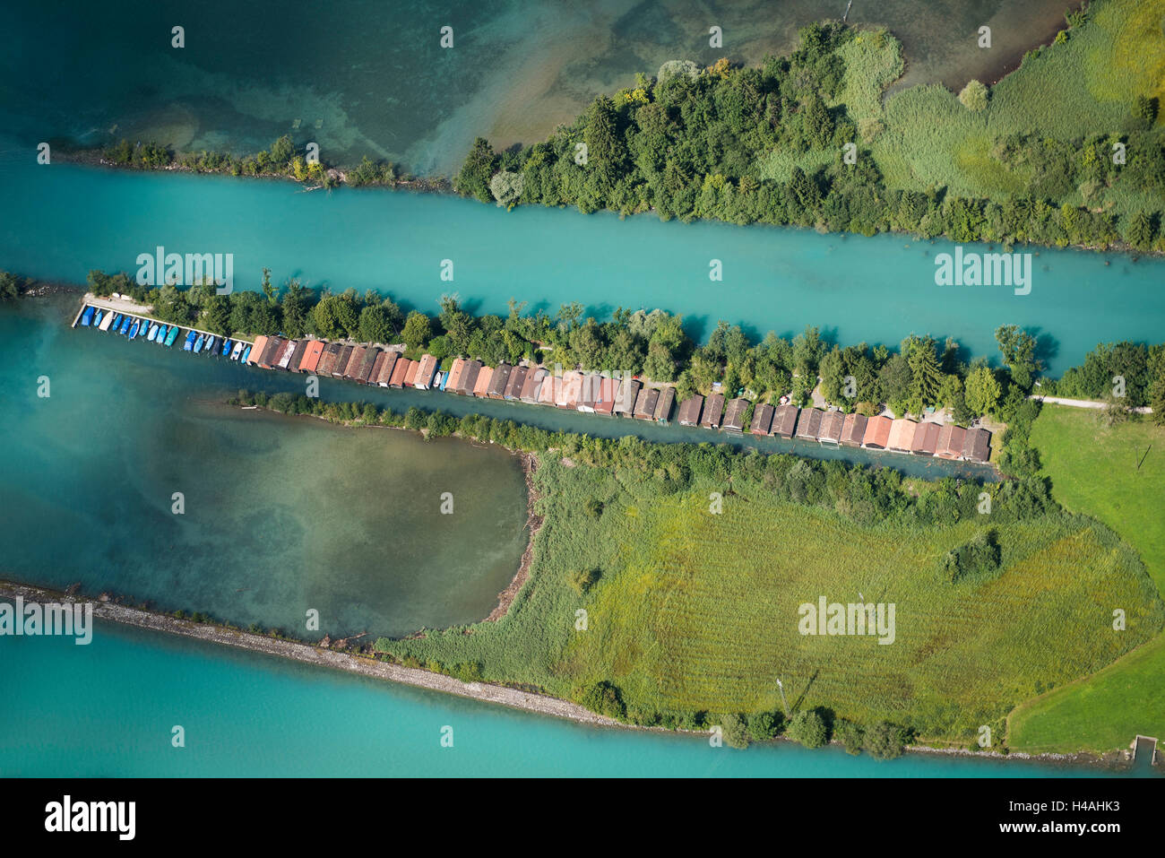 Boathouses at the Aare, Unterseen, Thunersee, Aare, Weissenau, Interlaken, Canton Bern, the Bernese Oberland, aerial picture, nature form, reed shore, Switzerland Stock Photo
