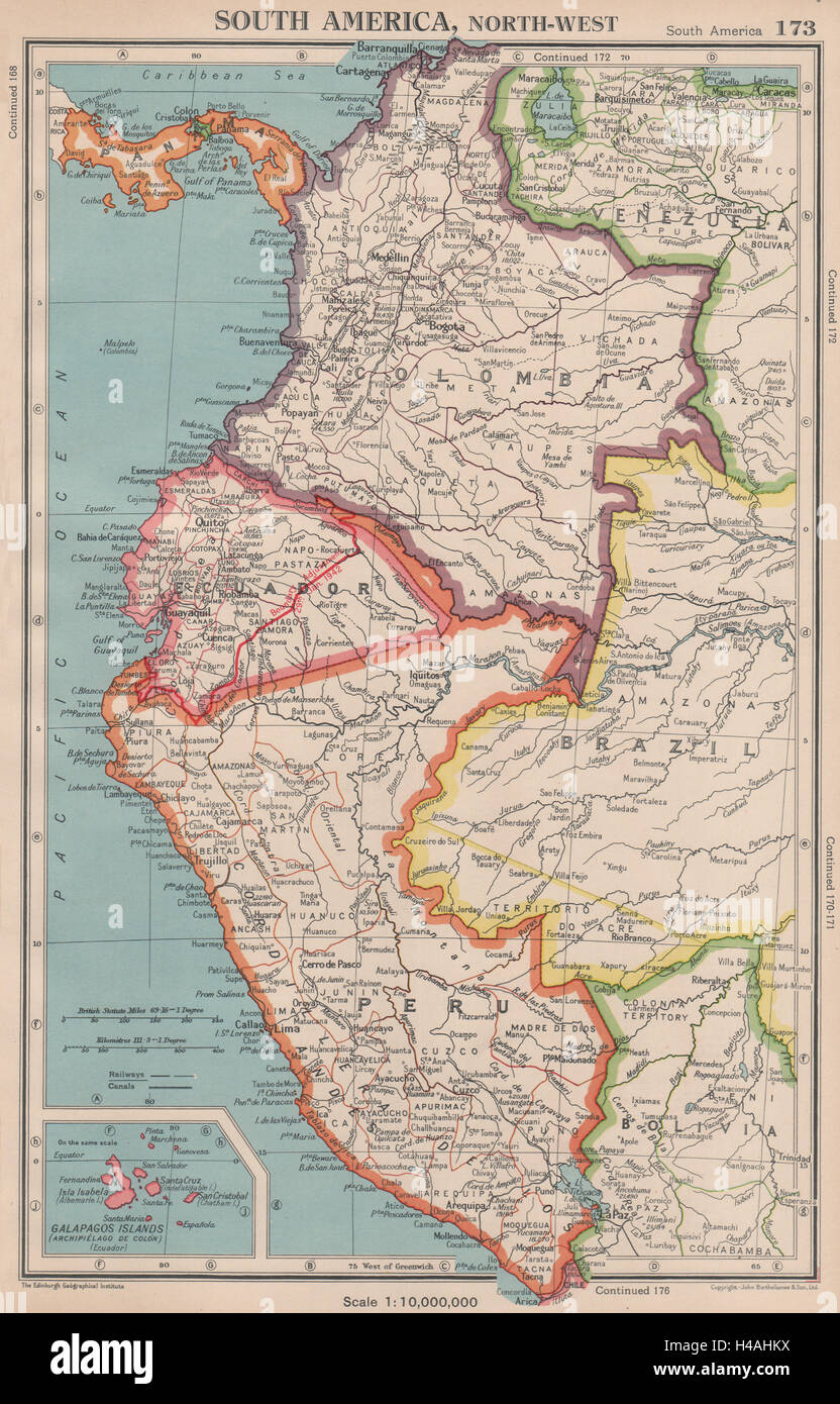 ANDEAN STATES w/ Ecuadorian–Peruvian War (Guerra del 41) border changes 1944 map Stock Photo