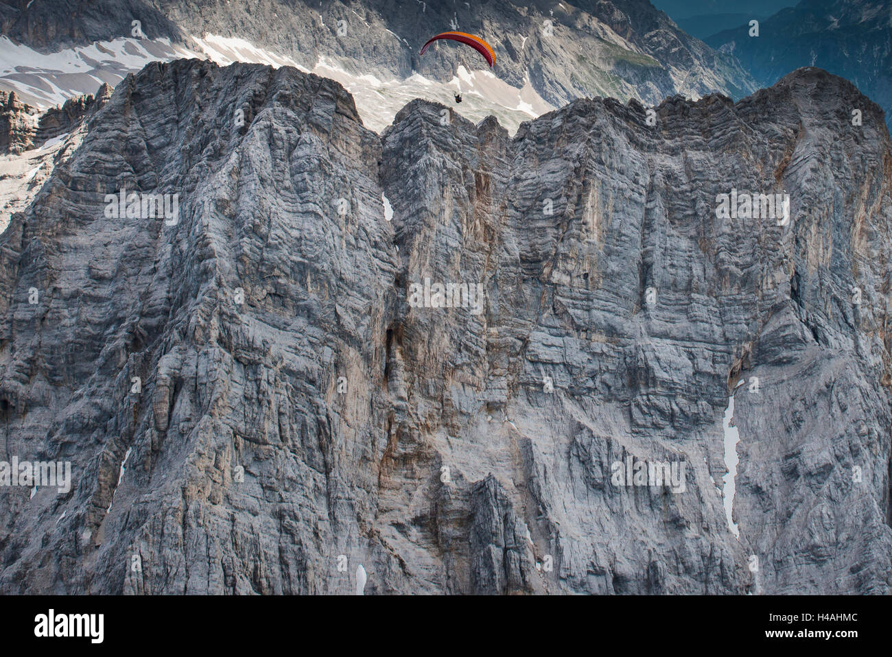 Paraglider above Zugspitze, aerial picture, paragliding, Paraglider, Ehrwald, Zugspitze region, Tyrol, Austria Stock Photo