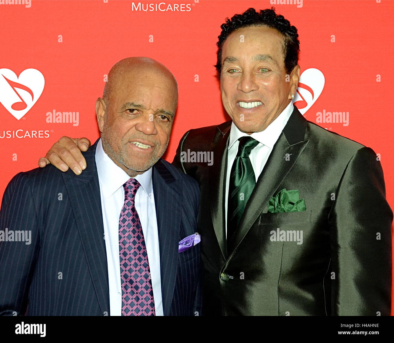 Barry GOrdy and Smokey Robinson arrives for the 12th Annual MusiCares MAP Fund Tribute Concert at The Novo by Microsoft on May 19, 2016 in Los Angeles, California. Stock Photo
