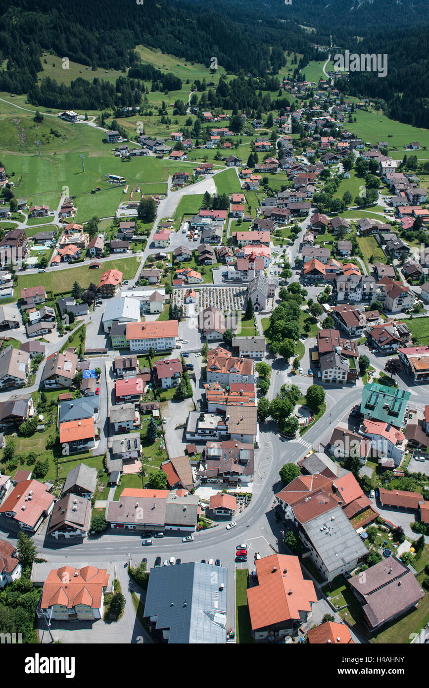 town centre of Ehrwald, Tyrol, Zugspitze region, aerial picture, mountain site, Austria Stock Photo