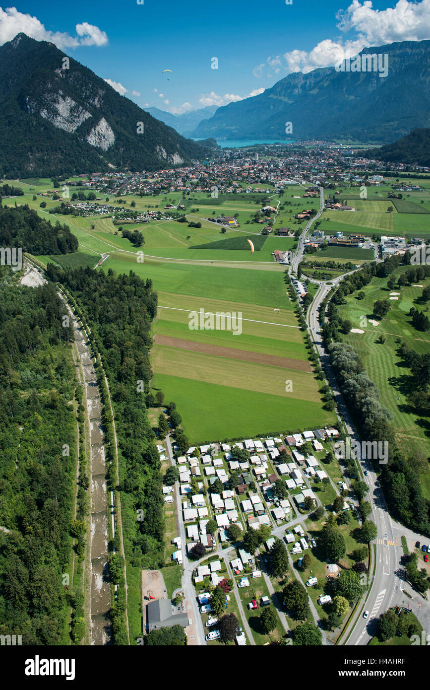 Unterseen, Neuhaus, golf, golf course Moos, Interlaken, canton Bern, the Bernese Oberland, aerial picture, Switzerland Stock Photo