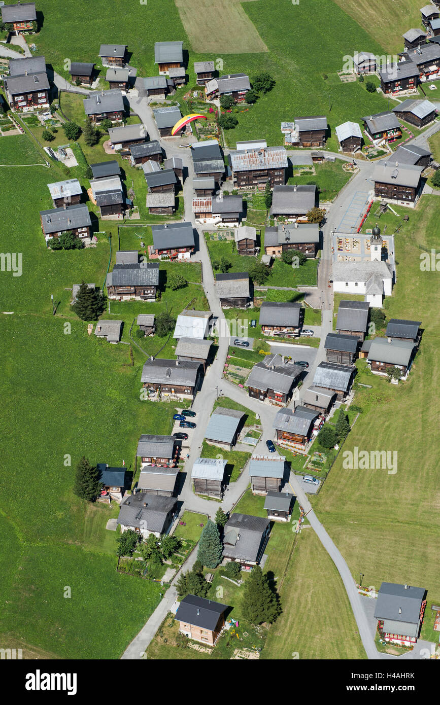 Valais, Goms, Gluringen, mountain village, Valais architecture, aerial picture, Switzerland Stock Photo