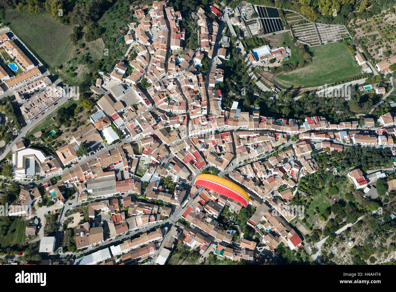 Andalusia, El Bosque, village, mountain village, aerial picture, white village, paraglider, paragliding, town centre, province of Cadiz, Spain Stock Photo